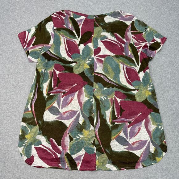 Tahari 100% Linen T-Shirt WMNS 1X Multicolor Floral V-Neck Pullover Short Sleeve - Picture 5 of 6